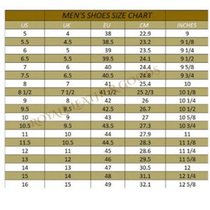 May include: A shoe size chart for men, displaying US, UK, EU, CM, and inches measurements. The chart ranges from US size 5 (9 inches) to US size 16 (12 5/8 inches), with corresponding sizes in other measurement systems.