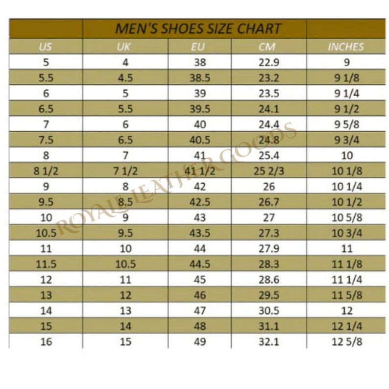 May include: A shoe size chart for men, displaying US, UK, EU, CM, and inches measurements. The chart ranges from US size 5 (9 inches) to US size 16 (12 5/8 inches), with corresponding sizes in other measurement systems.