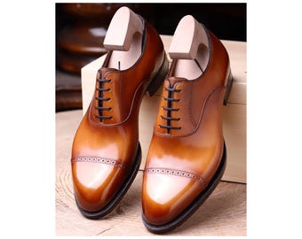 Orange Leather Handamde Men's Oxford Dress Fashion Party Shoes