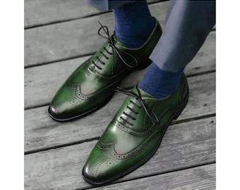 Handgemaakte groene leren oxford brogue veterschoenen heren groen leer met veters
