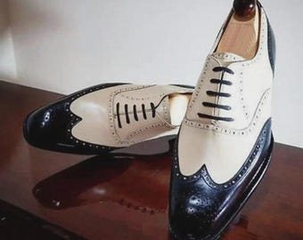 Handmade Men's White, Black Color Leather Oxofrd Wingtip Brogue Lace Up Formal Shoes