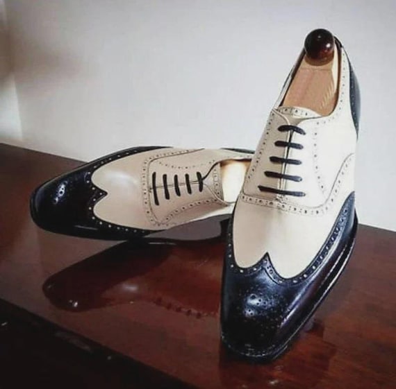 Handmade Men's White, Black Color Leather Oxofrd Wingtip Brogue Lace Up Formal Shoes