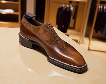 Handmade Men's Brown Color Learther, Suede Oxford Lace Up Top Fashion Shoes Men