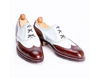 Handmade Men's Two Tone Leather Oxford Wingtip Brogue Lace Up Dress Gift Shoes