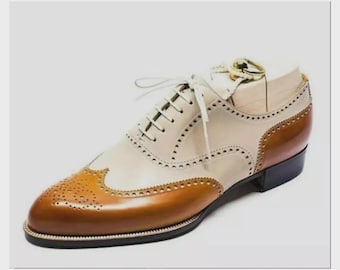 Zapatos Oxford con cordones y punta de ala, de cuero blanco y amarillo, hechos a mano, nuevos para hombre