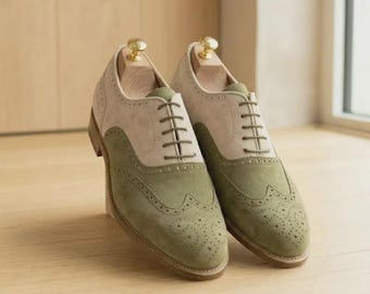 Handstitched Men's Two Tone Green & White Suede Wingtip Brogue Lace Up Formal Shoes.