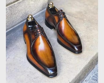 Men's Handmade Yellow, Black Leather Lace Up Derby Party Formal Shoes