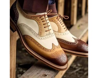 Handmade Men's Three Tone Leatrher Oxford Wingtip Brogue Lace Up Casual Shoes