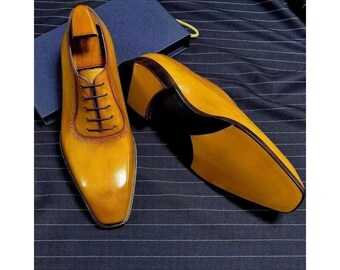 New Men's Handmade Yellow Color Leather Oxford Whole-Cut Lace Up Dress Shoes Men