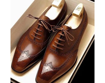 New Men's Handmade Brown Leather Oxford Wingtip Brogue Lace Up Dress Shoes Men