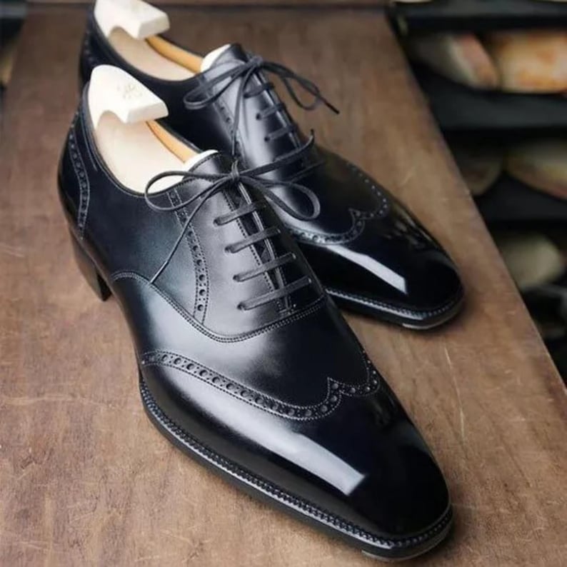 Handmade New Men's Black Color Leather Oxford Wingtip Lace Up Dress Formal Shoes Men image 2