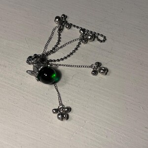 Vintage Whimsical Fairy Brooch, Pewter Tone Mythical Pixie Pin, Celestial Fantasy Green Orb Dangle Brooch with Bells