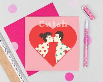 Welsh Cwtsh Card, Red & Pink Love Card for Santes Dwynwen or St Valentines Day, Love Heart