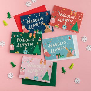 Welsh Christmas Cards Pack, Retro Style (Set of 5 with Nadolig Llawen)