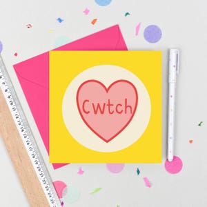 Walisische Cwtch Karte, Gelb & Pink Liebeskarte für Santes Dwynwen oder St. Valentinstag, Liebesherz, Freundschaftskarte