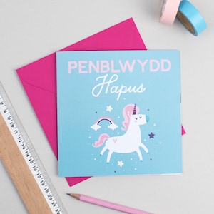 Biglietto di compleanno gallese con unicorno, biglietto con unicorno Penblwydd Hapus in turchese e rosa-carta in lingua gallese