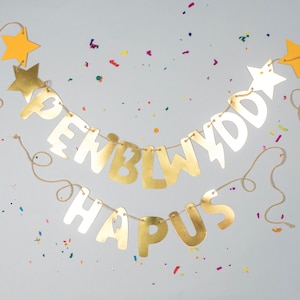 May include: Gold letter banner with the words "Happy Birthday" and a white letter banner with the words "Hollywood". The banners are strung with twine and are surrounded by confetti.