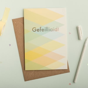 Twins, new baby card, Welsh New Baby Card / Gefeilliaid!, Twins, Babi Newydd Card in a Summer Warmth Colour Palette  with Silver Foil Text