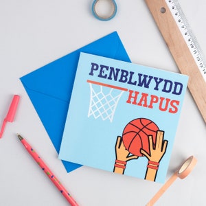 Carte galloise- Welsh Card - Welsh Birthday Card, Penblwydd Hapus, Basketball Style Card with a Blue Background