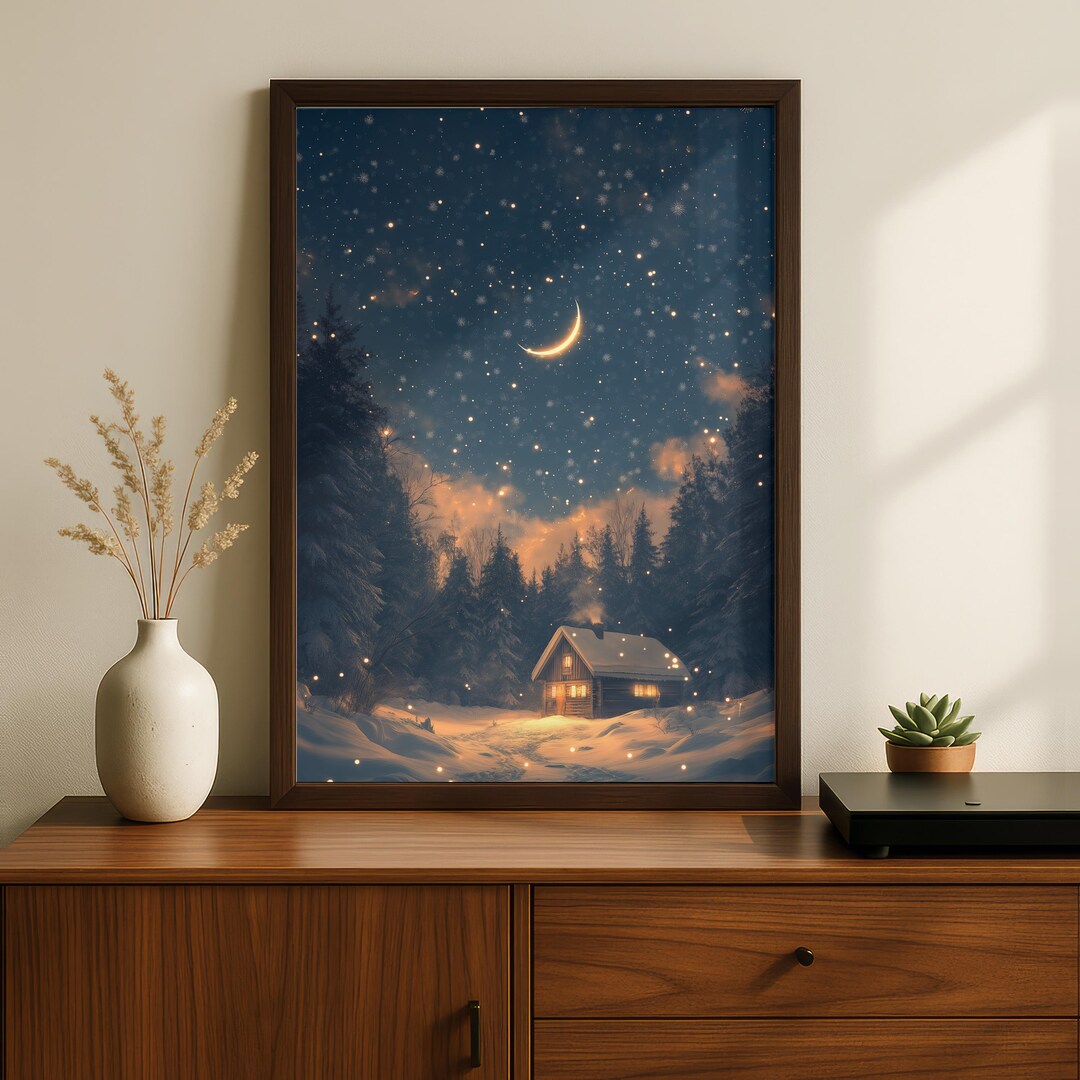 Winter Cabin Wall Art | Printable Cozy Snowy Forest | Christmas Night ...