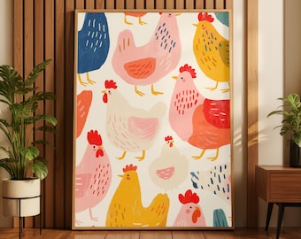 Cute Chicken Printable Wall Art | Colorful Pastel Farm Animals Digital Download | Nursery Kitchen Decor
