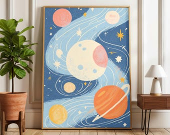 Space Printable Wall Art | Pastel Planets Galaxy Print | Solar System Digital Download | Nursery Decor