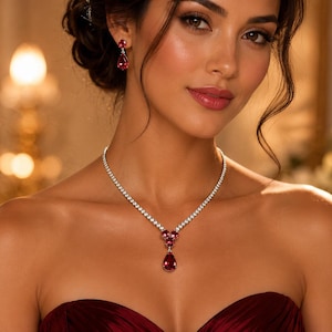 Crystal Teardrop Necklace and Earrings Set, Bridal Rhinestone Jewelry, Wedding Jewelry Set, Sapphire Emerald Ruby Clear Gift for Her