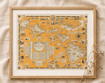 Geïllustreerde kaart van Hawaï 1960 Ernest Dudley Chase | Fine Art gicléeprint | Vintage muurkunst Hawaiiaanse eilanden