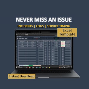 Puede incluir: Un portátil muestra una plantilla de Excel con tablas de datos, etiquetada como "Incidents | Logs | Service Timing". El texto "Never Miss an Issue" está en la parte superior. La imagen incluye las etiquetas "Instant Download" y "Excel Template".