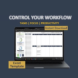 Peut inclure: Un ordinateur portable affiche un modèle Excel pour la gestion des flux de travail. L'écran montre une feuille de calcul détaillée avec des graphiques et des données. Le texte à l'écran indique "TASKS | FOCUS | PRODUCTIVITY". Le texte supplémentaire comprend "Instant Download" et "Excel Template".