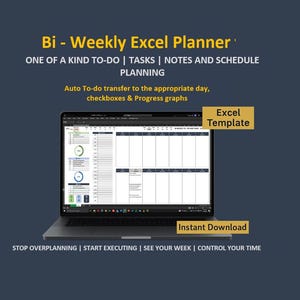 Puede incluir: Un portátil muestra una plantilla de planificador de Excel quincenal. La pantalla muestra un horario detallado con listas de tareas, notas y gráficos de progreso. El texto en la pantalla dice "Excel Template" y "Instant Download". El fondo es azul oscuro.