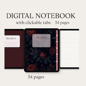 Könnte beinhalten: Digitales Notizbuch mit anklickbaren Tabs und 54 Seiten. Das Notizbuch zeigt drei verschiedene Bildschirme: eine weinrote Titelseite mit "Section 1", ein Blumendesign mit "My Notes" und eine linierte Seite. Das Notizbuch hat einen schwarzen Rahmen.