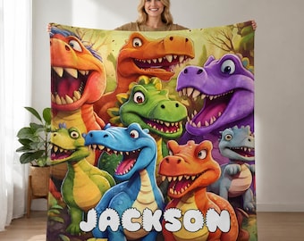 Couverture personnalisée en flanelle Dino Friends avec prénom personnalisé pour enfants