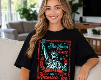 T-shirt chrétien patriotique Elle aime Jésus et l'Amérique