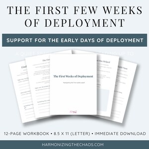 Może przedstawiać: Biały zeszyt zatytułowany "The First Weeks of Deployment" z turkusowym tekstem, oferujący wsparcie na wczesnych etapach wdrażania. Zeszyt ma wymiary 21,6 x 27,9 cm i zawiera tekst "Harmonizingthechaos.com".