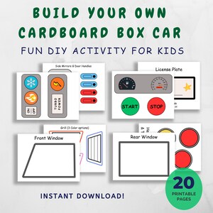 Puede incluir: Plantillas imprimibles para un kit de coche de cartón DIY. La imagen muestra varios componentes del coche, incluyendo ventanas, un salpicadero y una matrícula. El texto incluye "BUILD YOUR OWN CARDBOARD BOX CAR FUN DIY ACTIVITY FOR KIDS" y "INSTANT DOWNLOAD!"