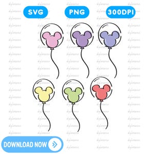 Puede incluir: Una colección de seis globos de dibujos animados en varios colores, cada uno con un diseño de cabeza de Mickey Mouse. Los globos son de color rosa, morado, azul, amarillo, verde y rojo. La imagen también incluye el texto "SVG", "PNG", "300DPI" y "DESCARGAR AHORA".