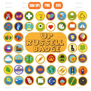 May include: A collection of circular badges featuring various colorful icons including a needle, heart, paw print, and nature elements. A central orange rectangular label displays the black text UP RUSSELL BADGE. The top includes 300 DPI, PNG, and SVG labels.