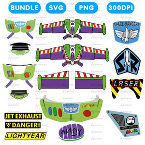 Set di clipart ispirate al ranger spaziale galattico SVG PNG, equipaggiamento da eroe giocattolo (+ 1 design extra incluso)