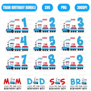 May include: A digital design set featuring train-themed birthday graphics. Includes train illustrations with numbers 1-9, the phrase "I'M," and text for family members. The designs are in blue, red, and white.