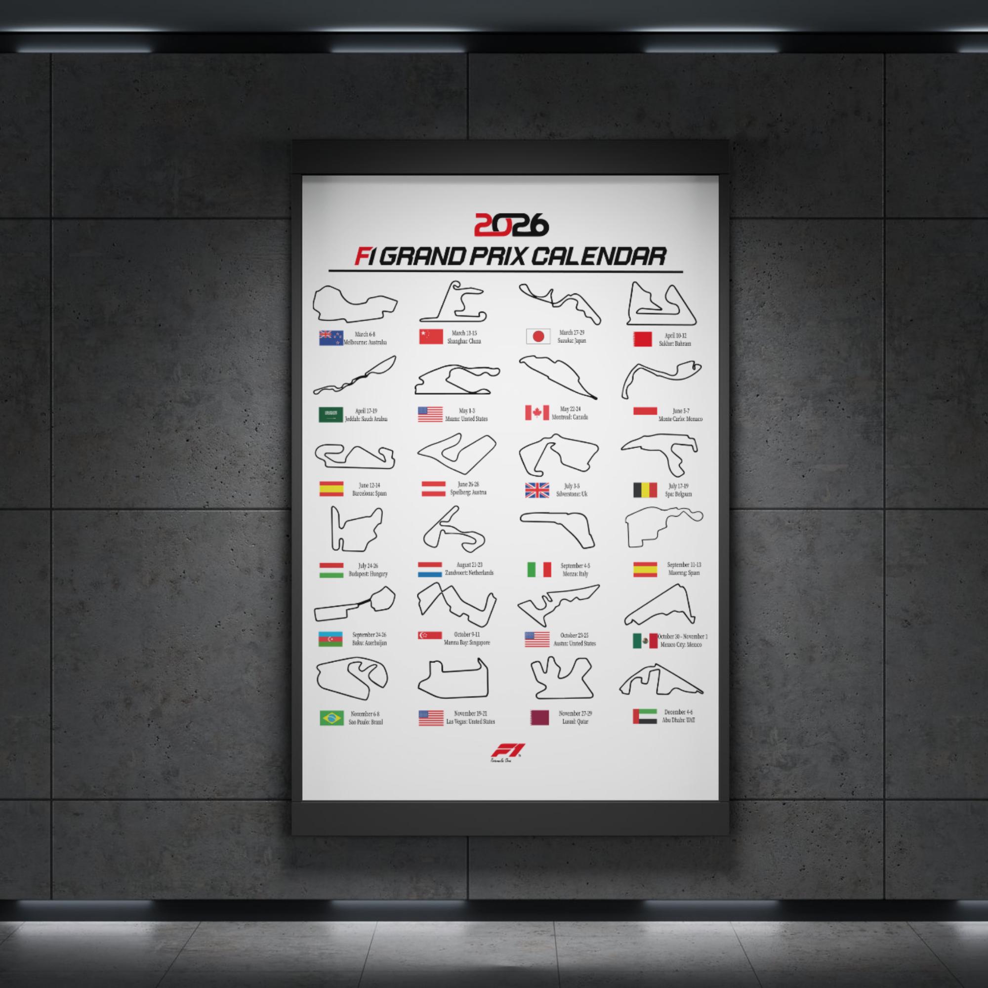 Formula 1 2026 Calendar Poster, Flag-themed F1 Tracks (A4 Digital ...