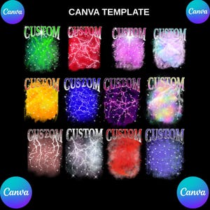 Könnte beinhalten: Ein Canva-Template mit verschiedenen Designs, die jeweils das Wort "CUSTOM" in einer silbernen, stilisierten Schrift zeigen. Jeder Entwurf hat einen farbenfrohen, strukturierten Hintergrund mit Blitzmustern und sternartigen Akzenten. Das Canva-Logo ist in den Ecken.