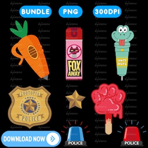 Paquete PNG de aventuras de animales urbanos, imágenes prediseñadas de placa de policía, lápiz de zanahoria, botella de antídoto para la jungla, aerosol para zorros, descarga digital de golosinas de paleta