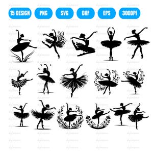 Ballerina SVG PNG-paket, balettdansare Clipart, ballerinasilhuettdesigner, balett SVG-klippfiler, Cricut-silhuett