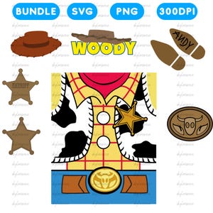 May include: Digital graphics with a cowboy theme. Includes a brown cowboy hat, the word "WOODY" in yellow, sheriff badges, a vest design, a belt buckle, and footprints with the name "ANDY".
