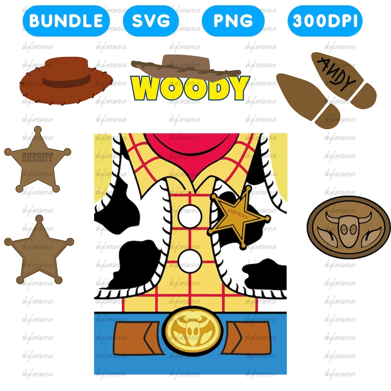 May include: Digital graphics with a cowboy theme. Includes a brown cowboy hat, the word "WOODY" in yellow, sheriff badges, a vest design, a belt buckle, and footprints with the name "ANDY".