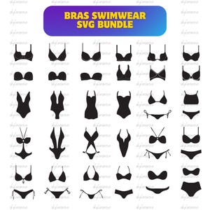 May include: A digital collection of black silhouette icons featuring various styles of bras and swimwear. The graphic includes the text BRAS SWIMWEAR SVG BUNDLE at the top, displayed in yellow letters against a blue and purple gradient background.