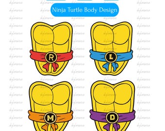 May include: Four yellow turtle shell designs with coloured belts and circular buckles featuring the letters R, L, M, and D. The belts are red, blue, orange, and purple. Text at the top reads 300DPI, PNG, SVG, and Ninja Turtle Body Design.