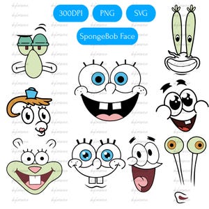 Peut inclure: Une collection numérique de visages de personnages de dessins animés incluant Bob l'éponge, Carlo, Sandy et M. Krabs. Le graphique présente diverses expressions avec des contours noirs épais, des yeux bleus et des accents colorés. Texte : 300DPI, PNG, SVG, SpongeBob Face.