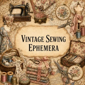 May include: A collage of sewing supplies including a black sewing machine, a wicker basket with lace, floral fabric stacks with a ribbon, a wooden sewing box, metal scissors, spools of thread, a thimble, and a pincushion with the text VINTAGE SEWING EPHEMERA.
